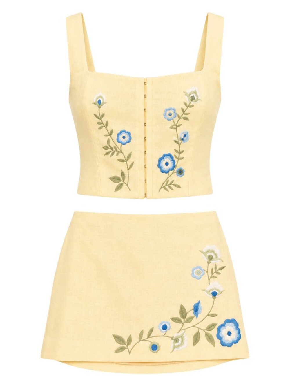 Reformation Juliet Linen Top + Ren Skirt Two Piece Set Parmesan Yellow Floral 10